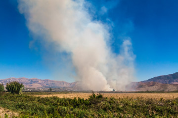 Fire in a field of albanian farm and thick clouds of smoke in the sky. Albania.