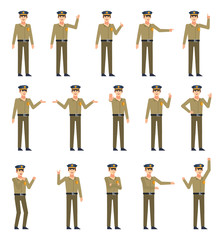 Set of police officer characters showing various hand gestures. Policeman pointing, greeting, showing thumb up, victory hand and other gestures. Flat design vector illustration