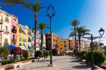 Fototapeta na wymiar Beautiful promenade with flowers, palm trees, trees against the colorful houses of the ancient city of Villajoyosa Spain.