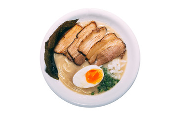 Isolated top view of Ramen Pork Bone Soup (Tonkotsu Ramen) with Chashu Pork, Scallion, Sprout,...