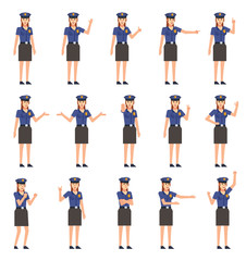 Fototapeta premium Set of policewoman characters showing diverse hand gestures. Policewoman showing thumb up, victory hand, stop, point, greet and other gestures. Flat design vector illustration