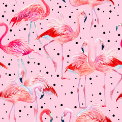 Watercolor pink flamingo seamless pattern and polka dot.