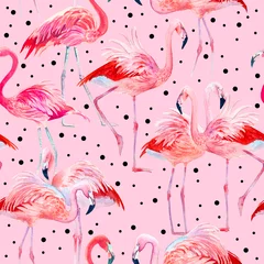 Foto op Plexiglas Flamingo Aquarel roze flamingo naadloze patroon en polka dot.