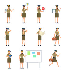 Set of policewoman characters showing various actions. Policewoman holding stop sign, document, reading, talking on phone and showing other actions. Flat design vector illustration