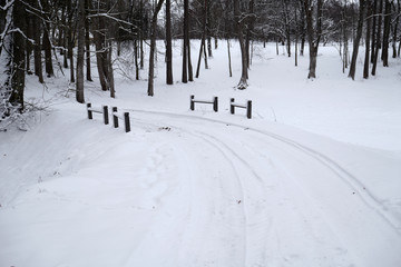 Fototapeta na wymiar Snowy road through winter forest
