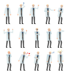 Set of old professor characters showing various emotions. Professor laughing, crying, tired, angry, dazed, sleeping, surprised and showing other expressions. Flat design vector illustration