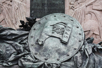 Venice / Italy - February 02 2018. Monument to Victor Emmanuel II. Detail with shield Rome Wolf....