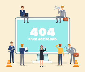 Small people working on web application. 404 error template. Flat design vector illustration