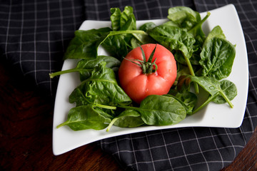 Tomato and spinach salad on white plate 