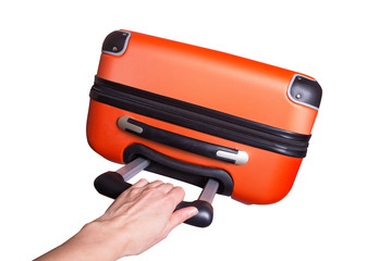 Woman hand holding travel suitcase, isolated