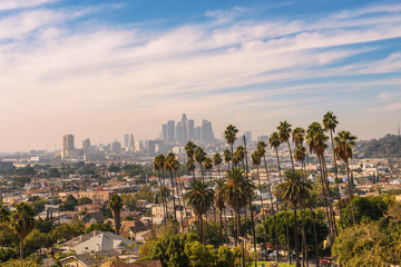 Los Angeles skyline at sunset with palm trees in the foreground - obrazy, fototapety, plakaty