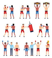 Fototapeta na wymiar Set of people boxing. Boxer fights, hits punch bag, celebrates victory, holds champions belt. Flat design vector illustration
