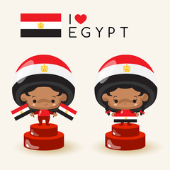 Boy and girl wearing national hat and holding national flags : Egypt : Vector Illustration