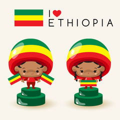 Boy and girl wearing national hat and holding national flags : Ethiopia : Vector Illustration