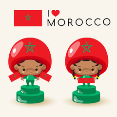 Boy and girl wearing national hat and holding national flags : Morocco : Vector Illustration