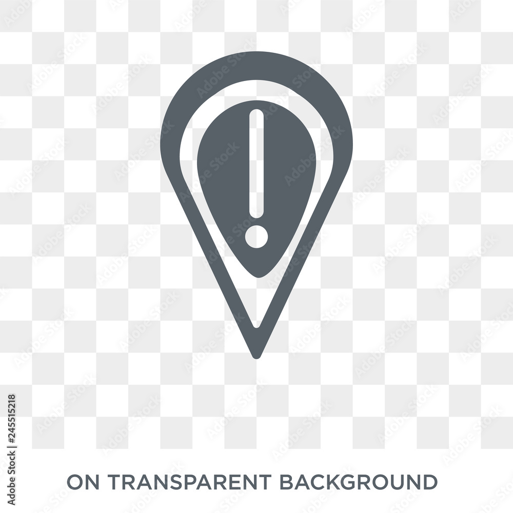 Poster warning sign pin icon. trendy flat vector warning sign pin icon on transparent background from maps 