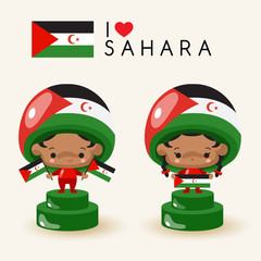 Boy and girl wearing national hat and holding national flags : Sahara : Vector Illustration