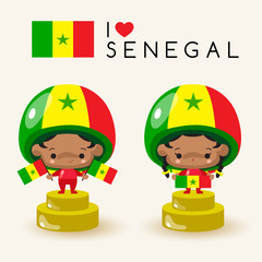 Boy and girl wearing national hat and holding national flags : Senegal : Vector Illustration