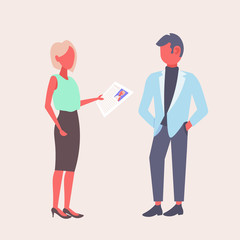 woman hr holding cv form asking question to male job applicant businesswoman recruiter employer reading resume new candidate vacancy concept flat