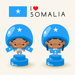 Boy and girl wearing national hat and holding national flags : Somalia : Vector Illustration