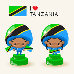 Boy and girl wearing national hat and holding national flags : Tanzania : Vector Illustration