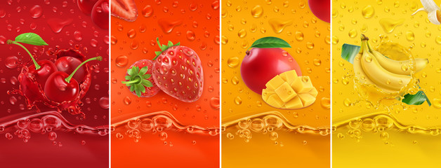 Naklejki  Soczyste i świeże owoce. Wiśnia, truskawka, mango, banan. Krople rosy i plusk. 3D wektor realistyczny zestaw. Wysokiej jakości 50 MB eps