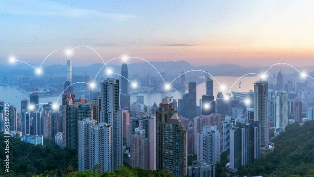 Poster digital network connection lines of hong kong downtown. financial district and business centers in s