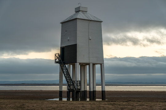 A cloudy evening at the Low Lighthouse in Burnham-on-Sea, Somerset, England, UK