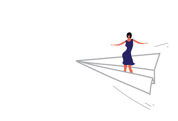 Fototapeta premium businesswoman flying origami paper plane business woman leadership direction concept girl standing on airplane sketch doodle horizontal