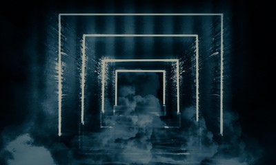 Abstract empty, old tunnel, corridor, arch, dark room, neon illumination, thick smoke, smog. Bright neon background. 3d illustration