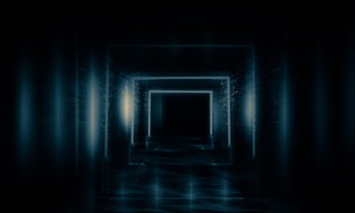 Abstract empty, old tunnel, corridor, arch, dark room, neon illumination, thick smoke, smog. Bright neon background. 3d illustration