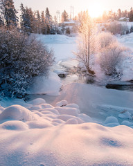 Snowy Winter river sunrise