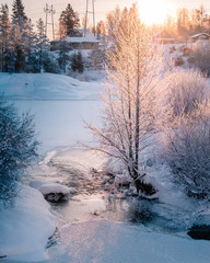 Snowy Winter river sunrise