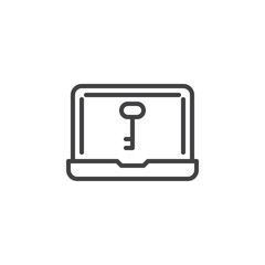 Laptop with key on screen line icon. linear style sign for mobile concept and web design. Internet security outline vector icon. Data protection symbol logo illustration. Pixel perfect vector graphics