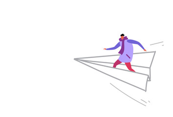 man wearing winter clothes flying origami paper plane business leadership direction concept casual guy standing on airplane sketch doodle horizontal vector illustration