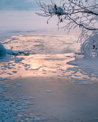 Icy winter sunset river