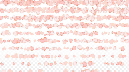 Love Hearts Confetti Falling Background. St. Valentine's Day pattern Romantic Scattered Hearts. Vector Illustration for Cards, Banners, Posters, Flyers for Wedding, Anniversary, Birthday Party, Sales.