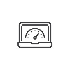 Laptop speed test line icon. linear style sign for mobile concept and web design. Speed test laptop outline vector icon. Speedometer Internet Speed symbol, logo illustration. Pixel perfect vector 