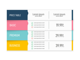 Price table for websites and applications. Business template. 
