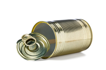 Empty old tin can with lid isolated on white