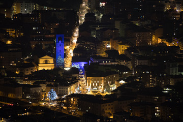 City night during winter with christmas lights