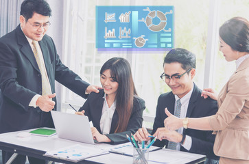 Entrepreneurs business people working in board room in office. Business team corporate colleague conference to finish new business plan. Organization meeting business planning  with virtual screen.
