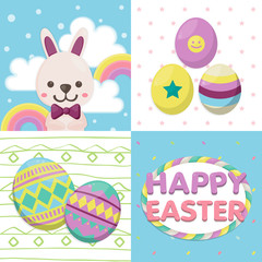 Happy easter day, holiday colorful rabbit and egges on pastel background. Greeting card for Easter day