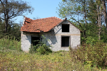 Destroyed unfinished small family house with missing windows and collapsed roof completely surrounded with overgrown vegetation and forest with clear blue sky in background