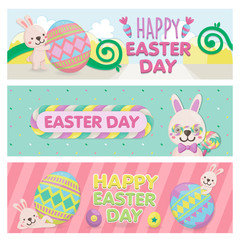 Happy easter day, holiday colorful rabbit and egges on pastel background. Greeting card for Easter day
