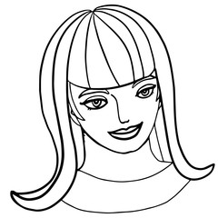 Female attractive face with long hair. Pretty girl with original hairstyle, bang. Curls. Vector silhouette, outline for design, web, banners, poster, print, coloring page. Friendly smiling face, model