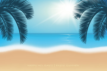 Fototapeta na wymiar summer holiday postcard palm trees on paradise beach vector illustration EPS10