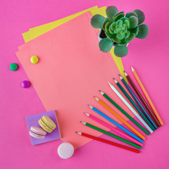 Beautiful bright pink background and stationery for drawing, take notes. For students and schoolchildren. Big plan, view from above.
