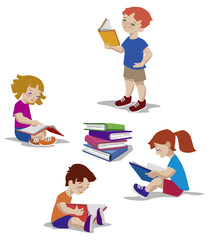 Vector illustration of kids reading books.