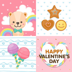 Happy Valentine's day, holiday colorful bear and dessert on pastel background. Greeting card for Valentine's day